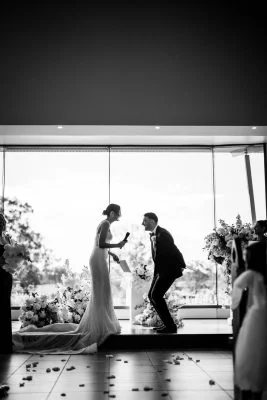 Candid moment during the wedding ceremony in the chapel at Enzo Weddings Hunter Valley - Caitlin & Theo